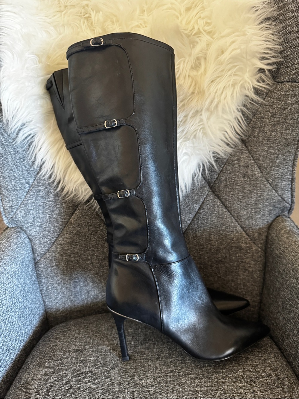 Lauren Ralph Lauren Black Leather Knee-High Buckle Heeled Boots